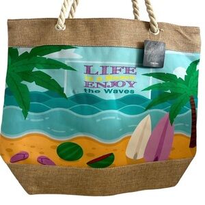 •NWT Cindy Claire Beach Bag “Life Is A Beach”Braided Rope Handle Zipper